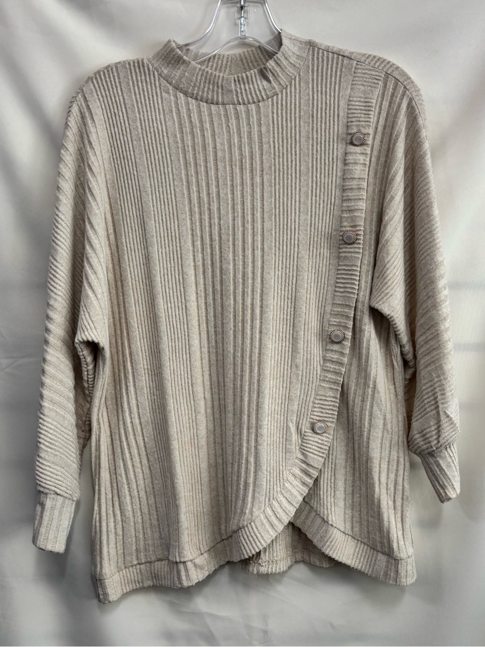 Adrienne Vittadini Cream Ribbed Mock Neck Sweater with Button Detail
